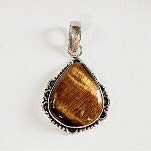 TIGER’S Eye Genuine Stone Pendant 925 Sterling Silver Plated
